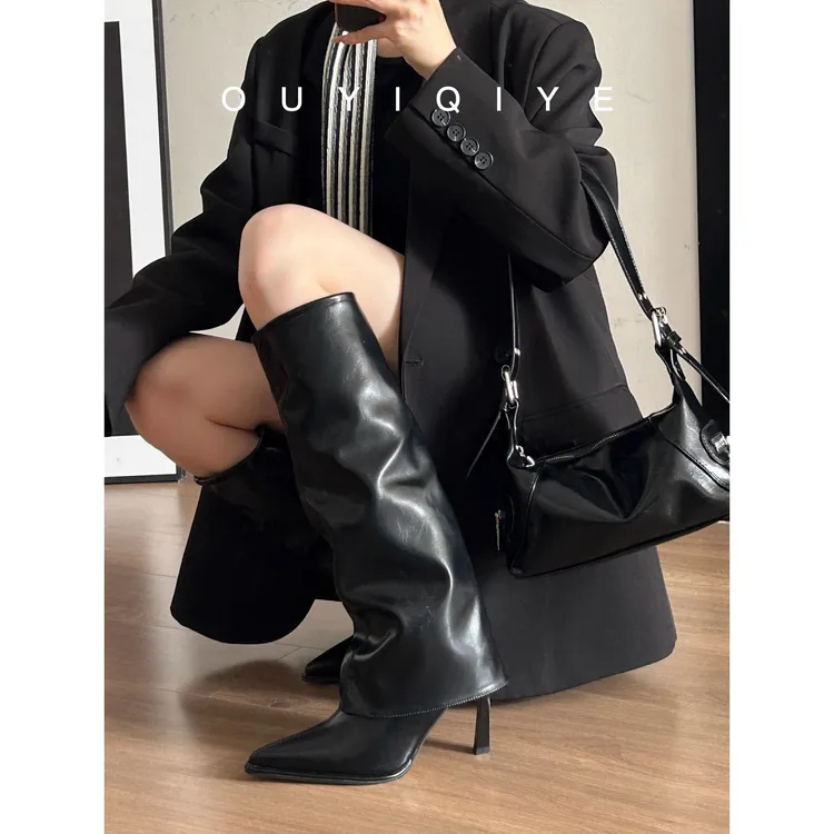 牛皮版~欧美范尖头高跟靴女时尚炸街裤管靴不过膝显气质细跟长靴