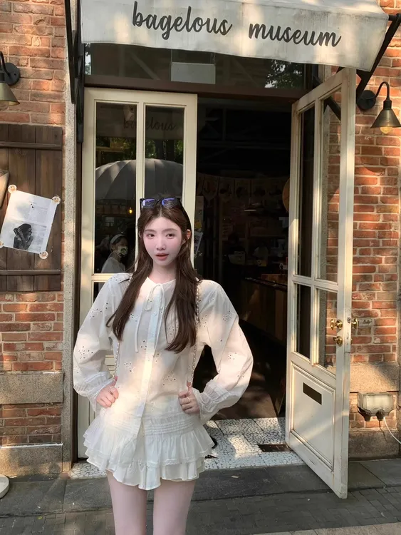 【薄荷海盐】韩式蕾丝花边格子长袖衬衫法式高腰显瘦A字短裙两件套