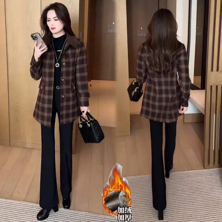 加绒加厚格子毛呢外套女2025冬季新款时髦洋气中长款小个子呢大衣