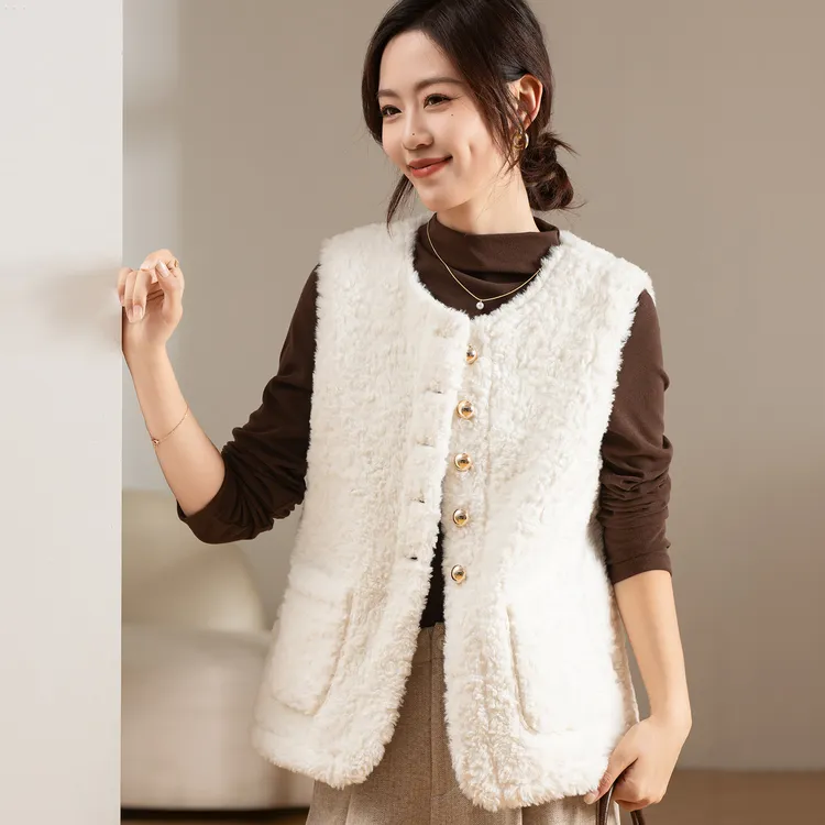 铜扣马甲女秋冬双面加绒加厚保暖小香风欧货外穿毛绒舒适百搭马夹