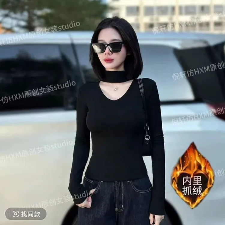 性感时尚风半高领挂脖镂空设计感长袖T恤冬季加绒显瘦内搭打底衫