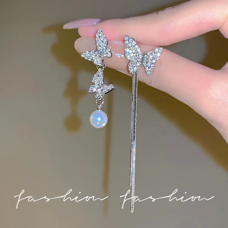 铜合金仿珍珠耳饰 不对称蝴蝶耳环轻奢小众设计感精致耳钉女A175