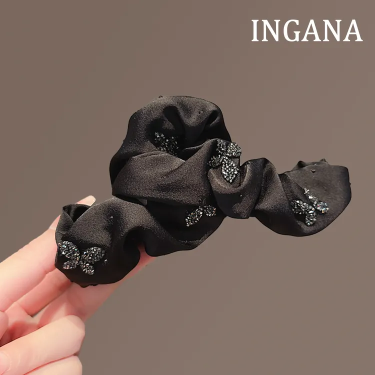 高级感褶皱缎面后脑勺盘发抓夹设计感蝴蝶水钻大号鲨鱼夹百搭发夹