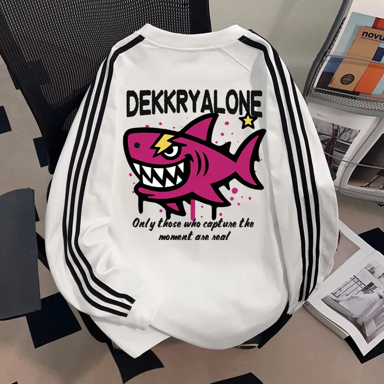 Dekkry美式高街潮流创意卡通t恤秋冬纯棉三条杠长袖男女重磅上衣