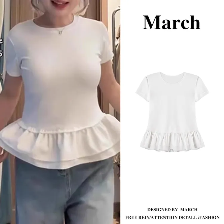 大码花边欧若风设计感短袖t恤女显瘦正肩圆领芭蕾风小众上衣11330