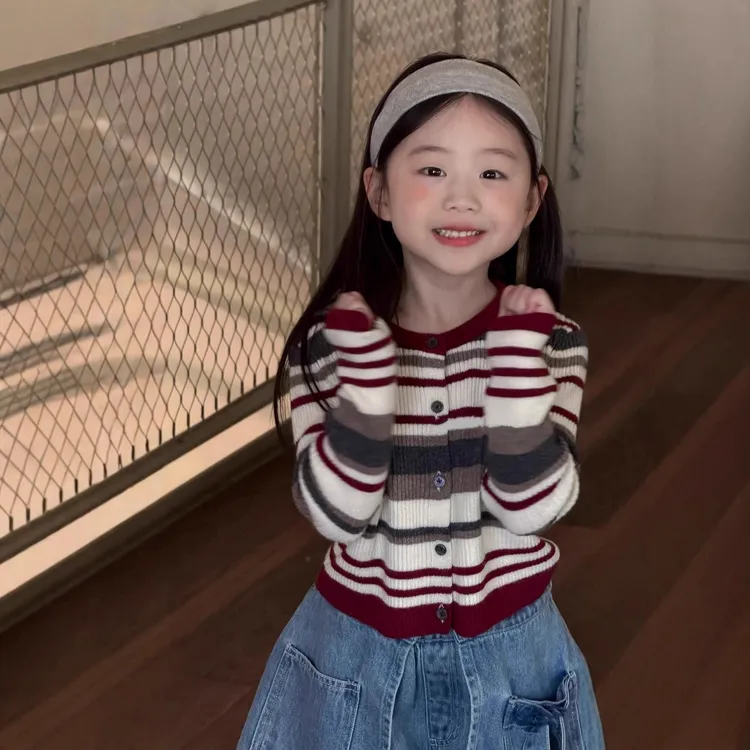 女童开衫毛衣秋季新款2025新款条纹女宝外套针织衫小女孩毛衣开衫