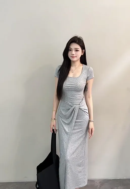 【苏苏】纯欲风性感款短袖夏季长裙连衣裙开叉显瘦性感褶皱DT1216