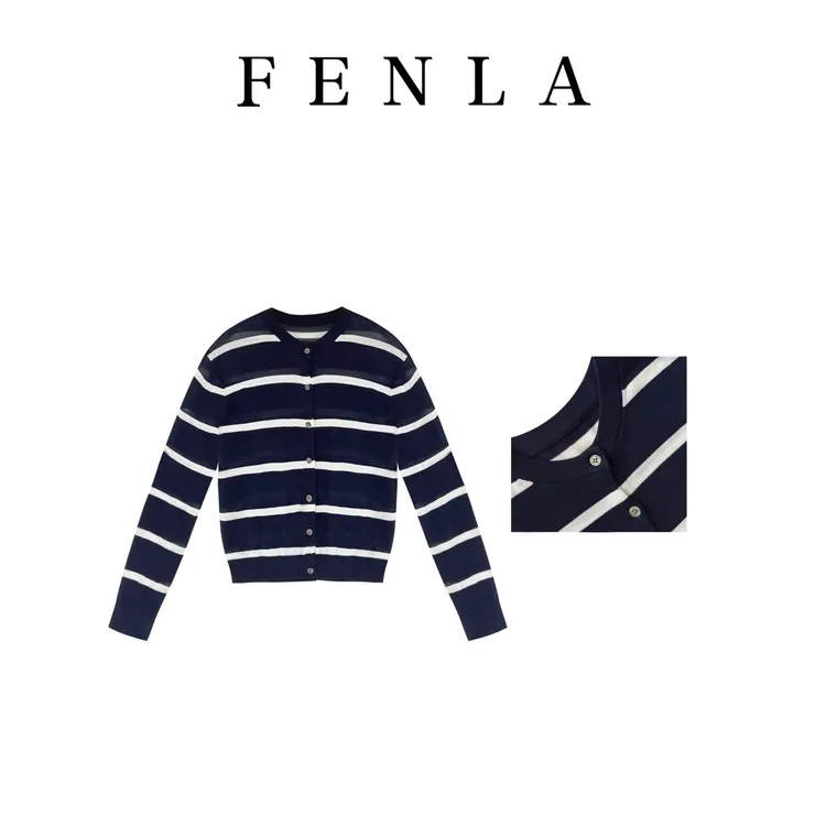 【惠姐私服】复古撞色小众亲肤圆领长袖透气条纹排扣开衫 85002 