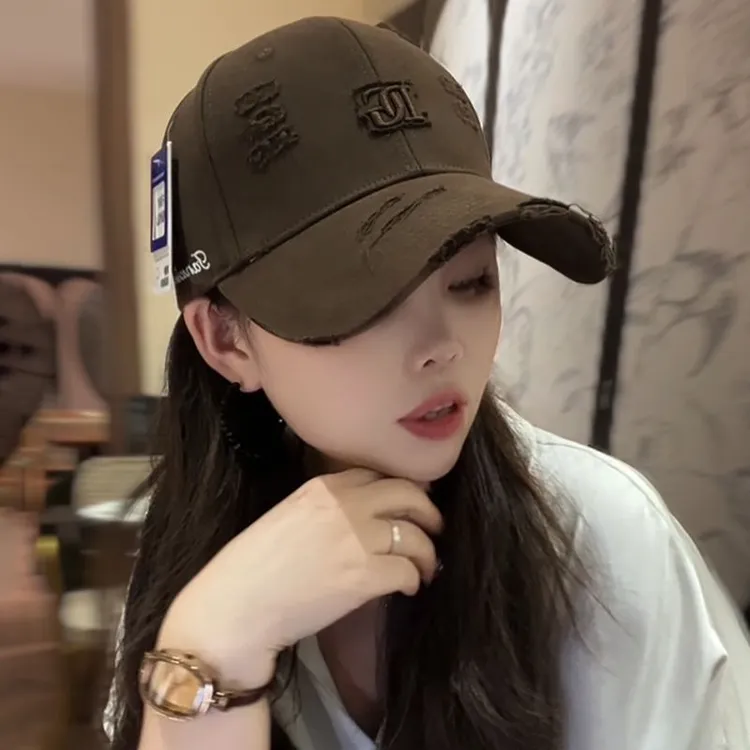 韩系百搭破洞做旧刺绣字母棒球帽子女加大加宽显脸小深顶鸭舌帽gh