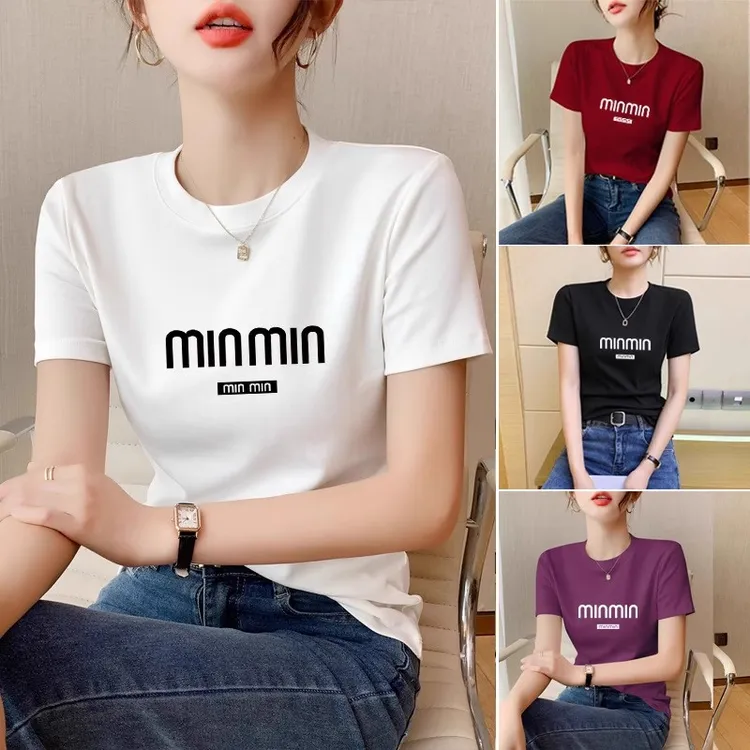 正肩短袖t恤女年夏装新款时尚大牌百搭圆领显瘦休闲运动半袖上衣