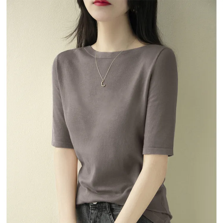 2025年春秋季新款时尚宽松显瘦气质上衣薄款一字领中袖针织衫女装