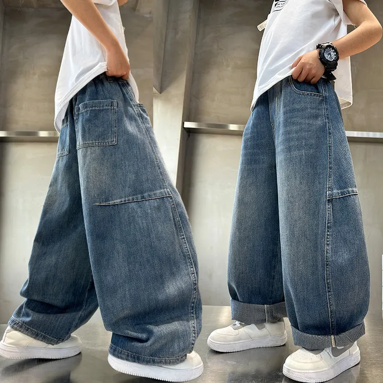 【夏季薄款】男童牛仔防蚊裤中大童纯色拼接痞帅潮酷宽松儿童休闲裤