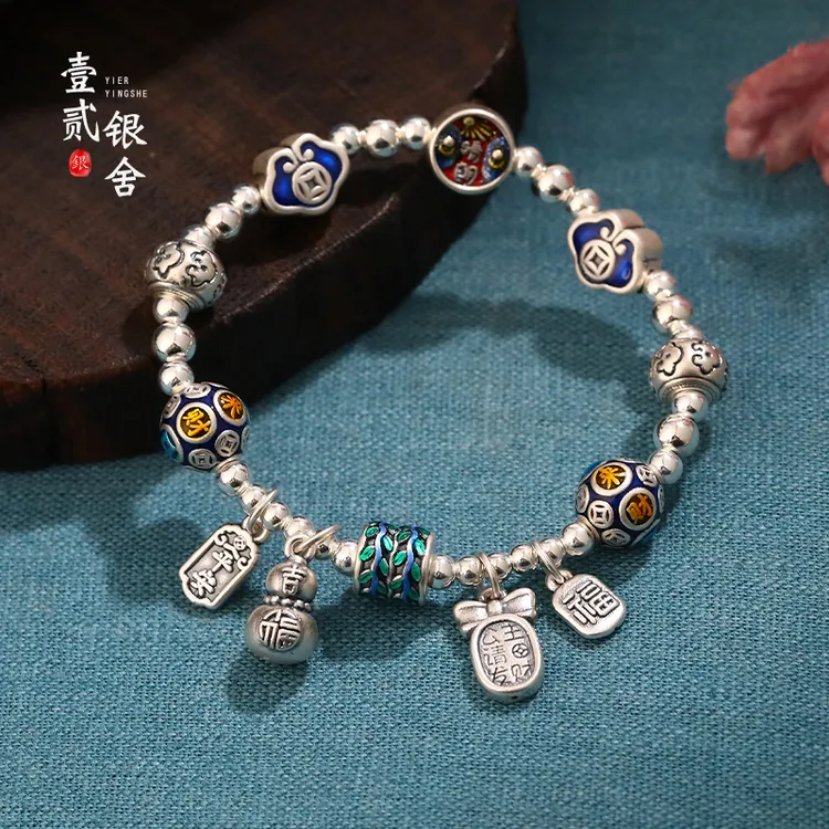 足银手链 公主请发财新中式银手链女足银葫芦珐琅彩多宝复古手串