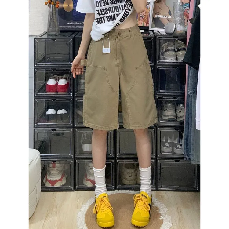 大码水洗做旧五分裤工装短裤女2025夏季新款美式休闲多口袋设计感