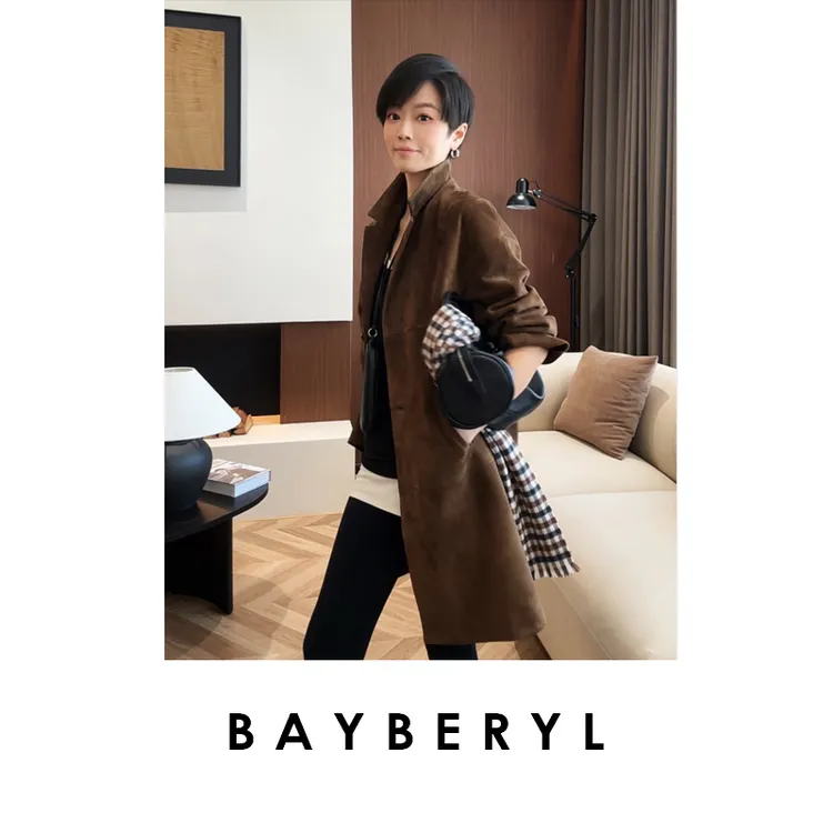 BAYBERYL老贝沙洲*中长西装领反绒复古解构25秋皮衣PY5H1244-8/30