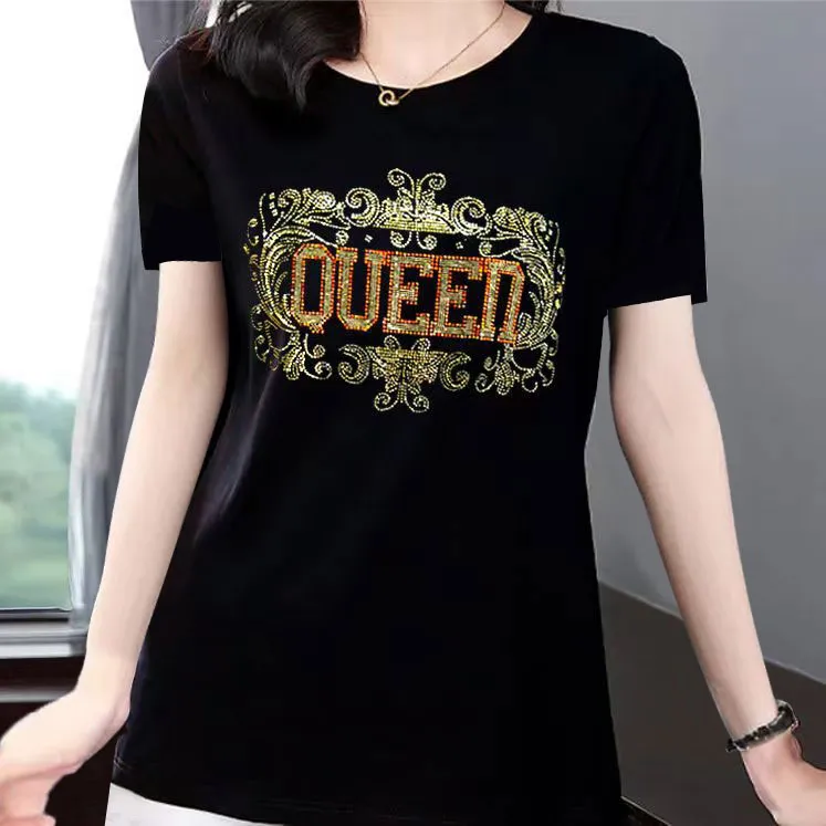 夏新款烫钻圆领短袖T恤女宽松显瘦上衣面料百搭时尚