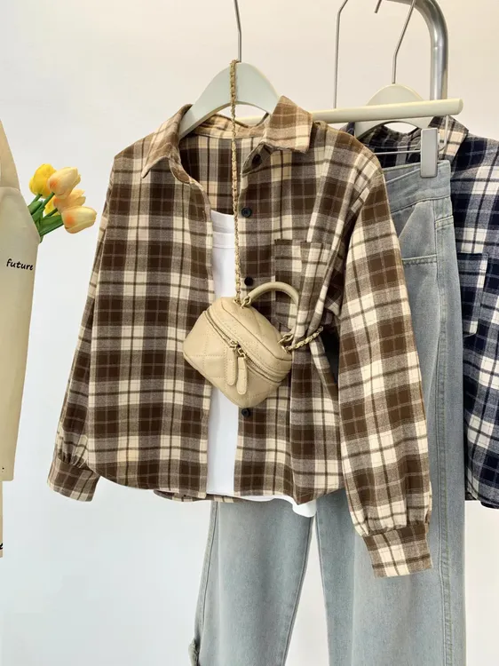 2025秋冬格子衬衣外套女韩版简约开衫百搭冬季打底长袖衬衫