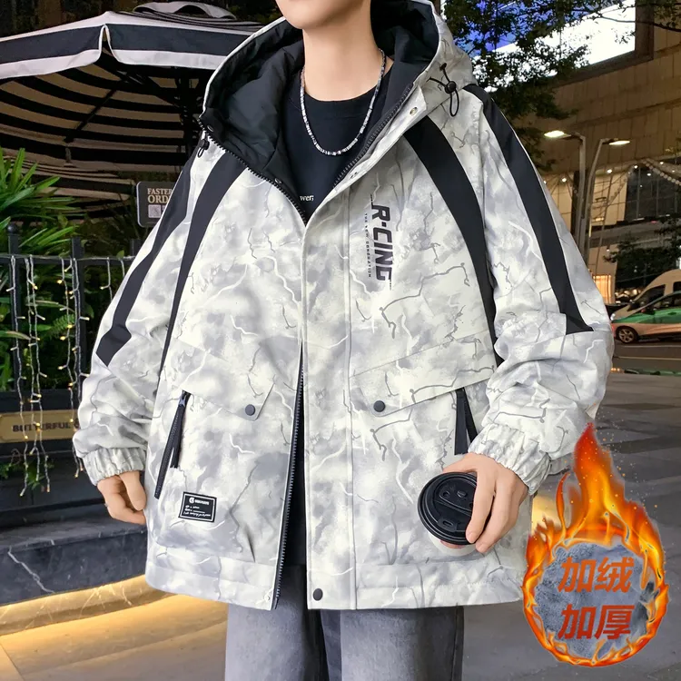 秋冬重磅新款青少年时尚印花韩版加绒加厚夹克防风保暖潮牌百搭