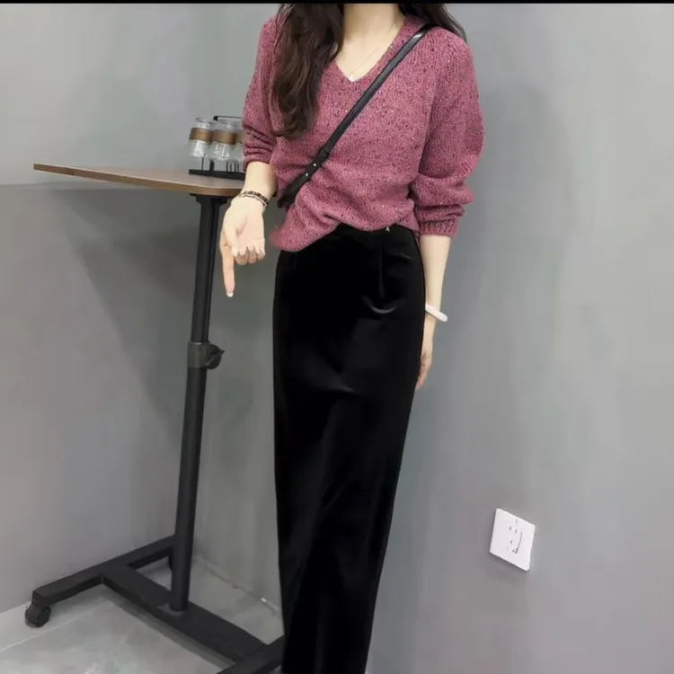 新款时尚百搭V领长袖上衣高腰半身裙女装