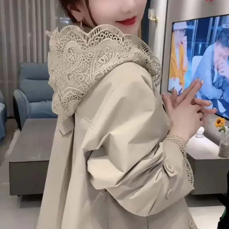 欧货2025新款时尚气质蕾丝连帽拼接显瘦宽松风衣外套春秋款