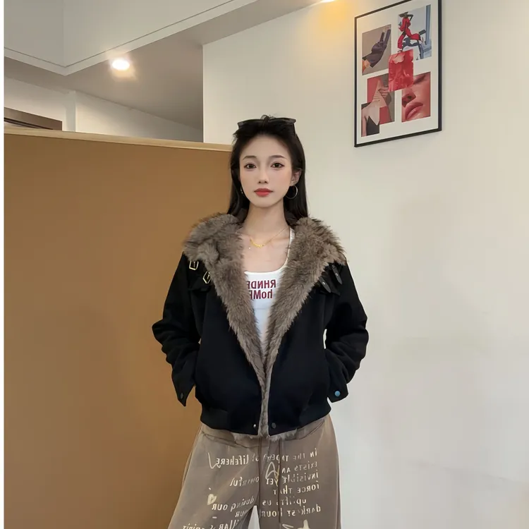 XTD 美式复古拼接立领机车服夹克情侣冬季加绒加厚短棉衣外套男女