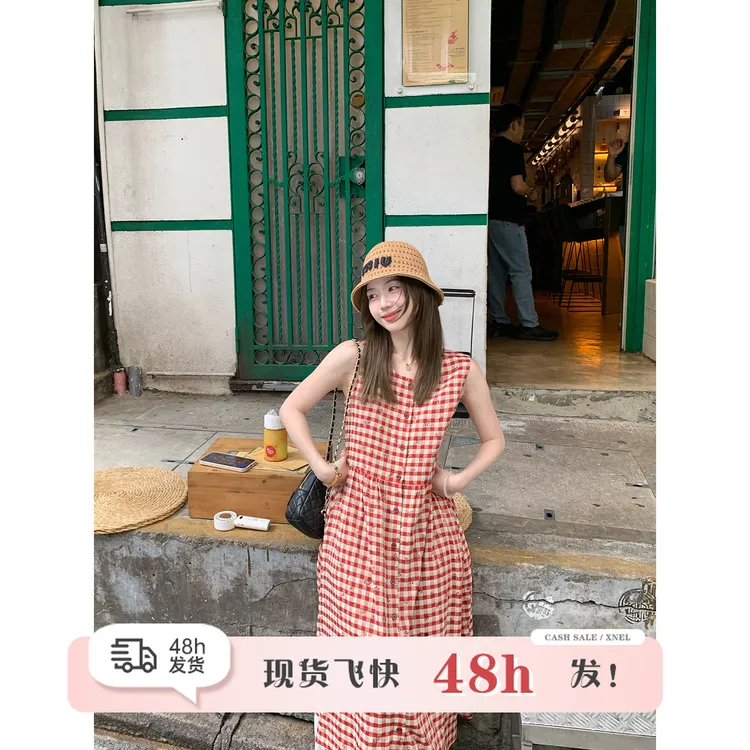 陳文文xenl【苏格兰岛】夏季新款拼接红色格纹宽松背心连衣裙0134
