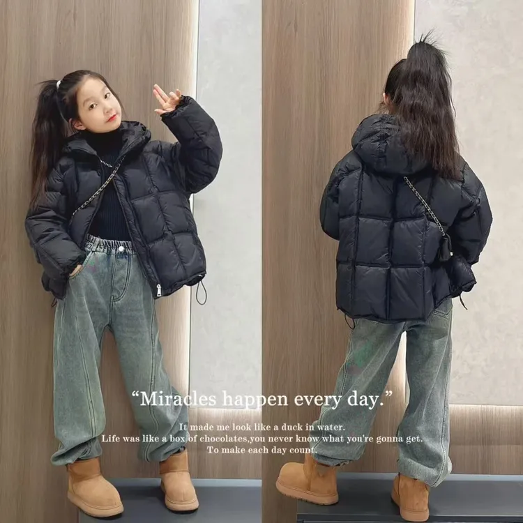 冬季泡芙格连帽棉衣中大童洋气面包服儿童冬装棉服加绒牛仔裤