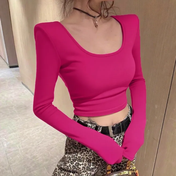 流光风正肩u领长袖上衣T恤女春季新款韩版辣妹女士气质打底衫内搭