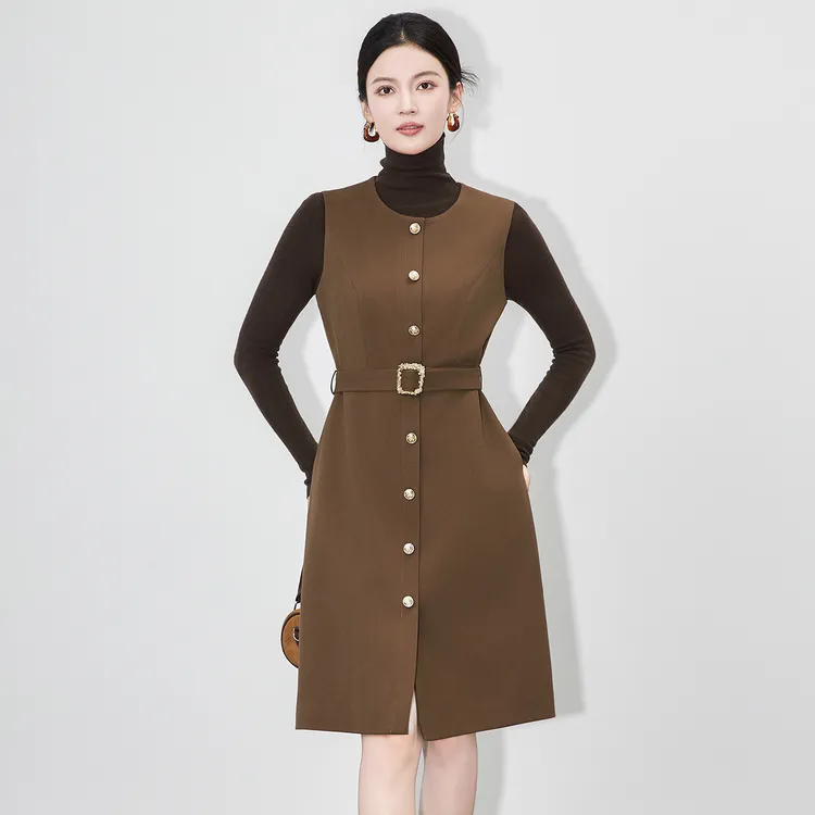 秋冬新款气质轻奢高货简约通勤修身收腰系带连衣裙无袖背心A字裙