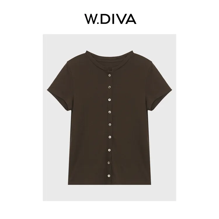 W.Diva【榛果衫】兰精天丝羊毛知性松弛装饰排扣短袖T恤女52T242175
