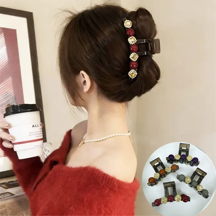 韩版安哥拉红色珠珠抓夹轻奢时尚气质百搭方钻鲨鱼发盘发夹发夹女