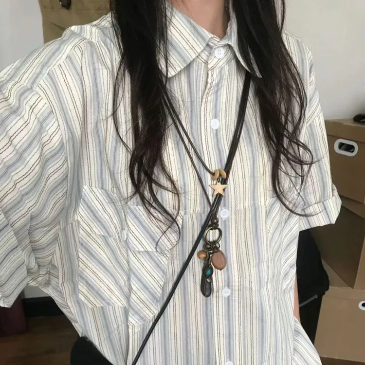 港风复古蓝色条纹短袖衬衫女2024夏季新款休闲小众宽松日系风衬衣