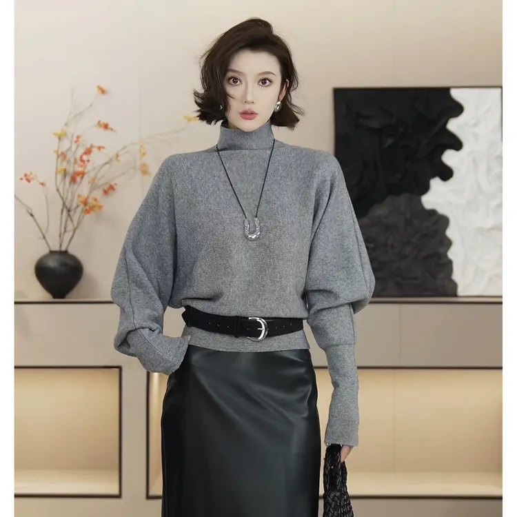 【墨尔本之秋】轻职风高领针织上衣女修身通勤百搭毛衣HBZWW918236