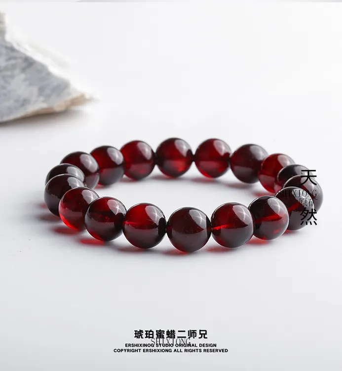 馆藏级天然无优化无烤色缅甸真品血珀玻璃底圆珠手串10mm