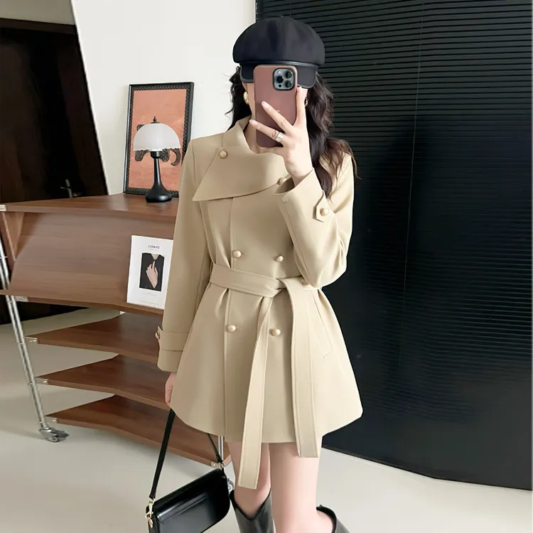 千金风时尚风衣外套女2025秋季新款系带收腰小众气质中长款大衣