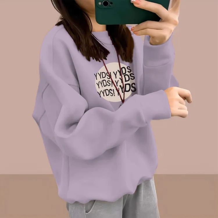 时尚秋冬季套头女冬季圆领印花宽松型卫衣薄款连帽胖mm大码上衣