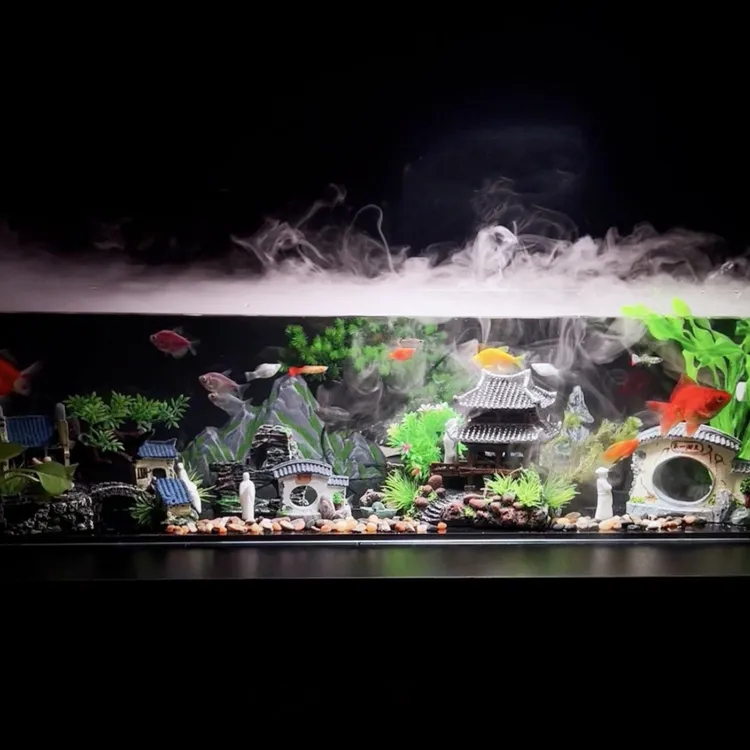 鱼缸造景装饰品摆件新中式古建筑假山石头水族箱白瓷人物禅意套装
