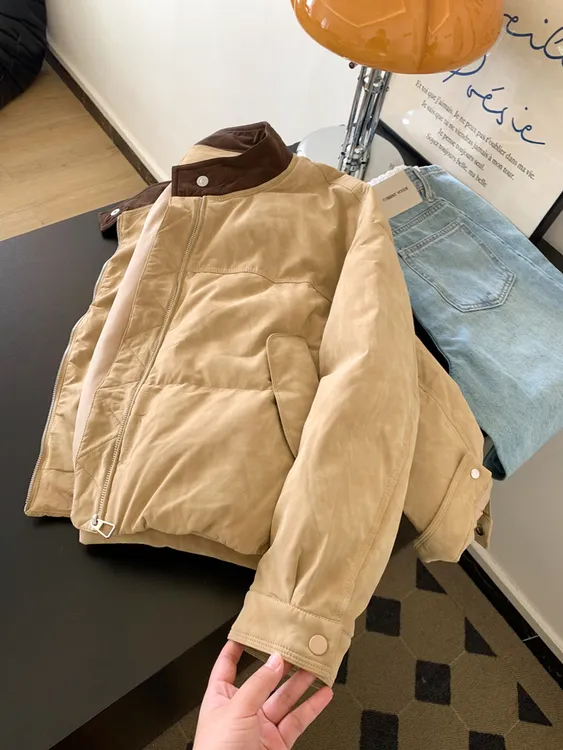 卡其色韩版拼接立领棉服女2025秋冬季新款短款圆领面包服外套上衣