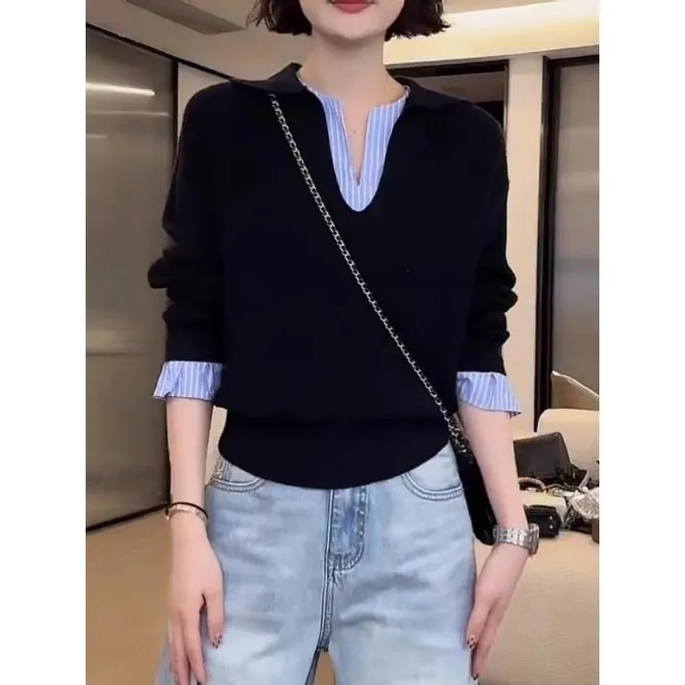 设计感假两件V领针织衫女秋季大码蓝色条纹拼接百搭气质长袖上衣