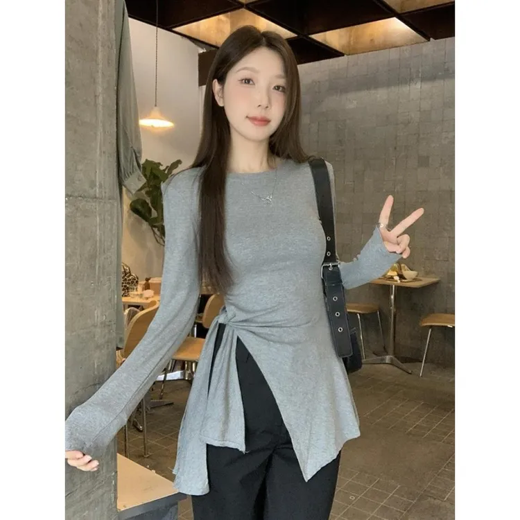 早秋不规则侧开叉肩右肩长袖t恤女修身显瘦辣妹上衣纯欲小众上衣