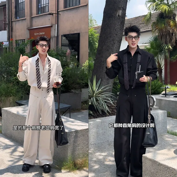 龙刀刀秋季新品百搭小众设计款领带衬衫套装男高级感休闲衬衣长裤