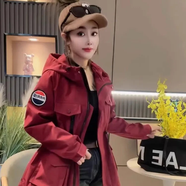 网红风衣外套女潮款长袖连帽纯色小标设计时尚百搭加厚中长款外衣