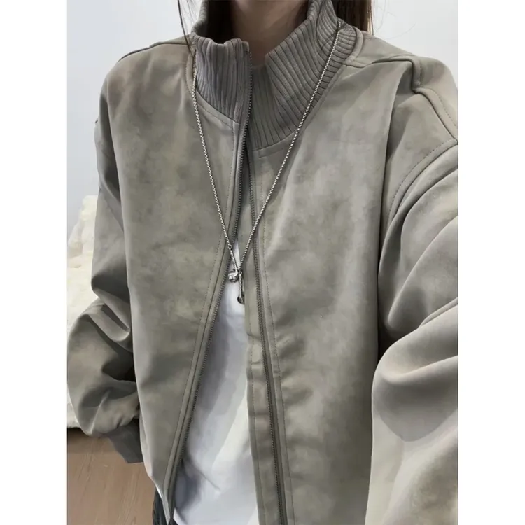 美拉德灰色扎染立领外套男款秋季美式飞行夹克cleanfit短款棒球服