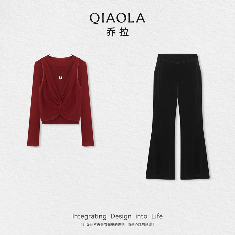 QIAOLA/乔拉【红唇女郎】秋季天丝亚麻针织时尚上衣丝绒裤子预售