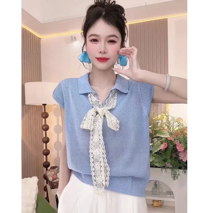 夏装新款蕾丝拼接蝴蝶结冰丝针织衫女时尚polo领短袖T恤套头上衣