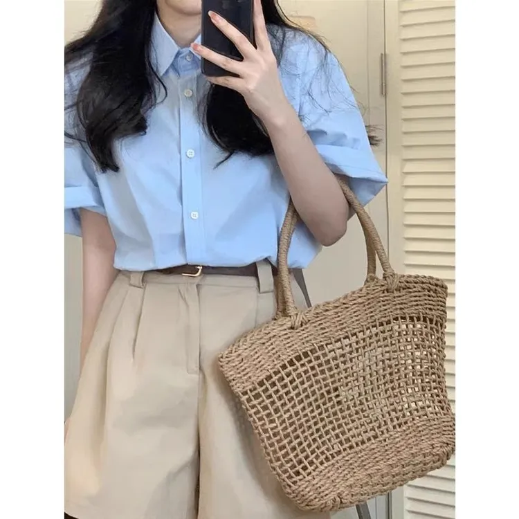 夏季新款蓝色气质风小个子设计感高级套装女短袖衬衫两件套清新甜