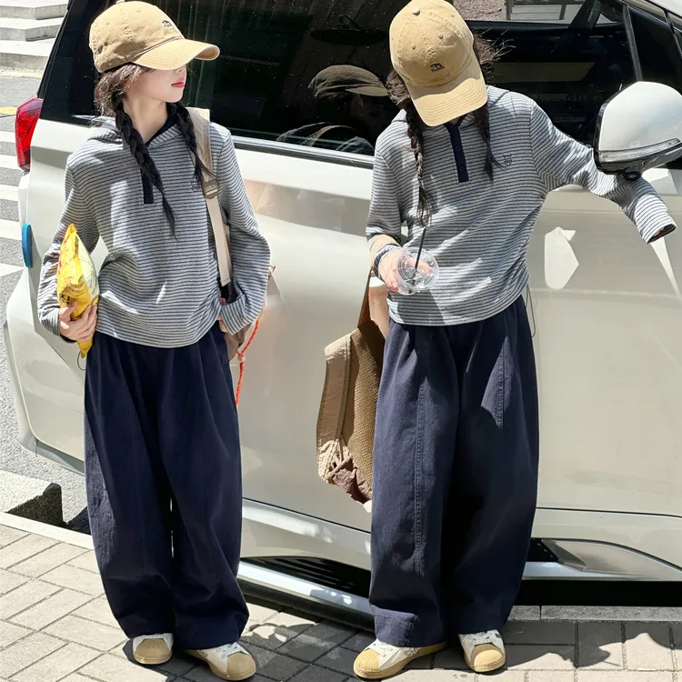 女童春秋新款洋气潮酷条纹刺绣帽衫韩系棉布工装裤套装2025中大童