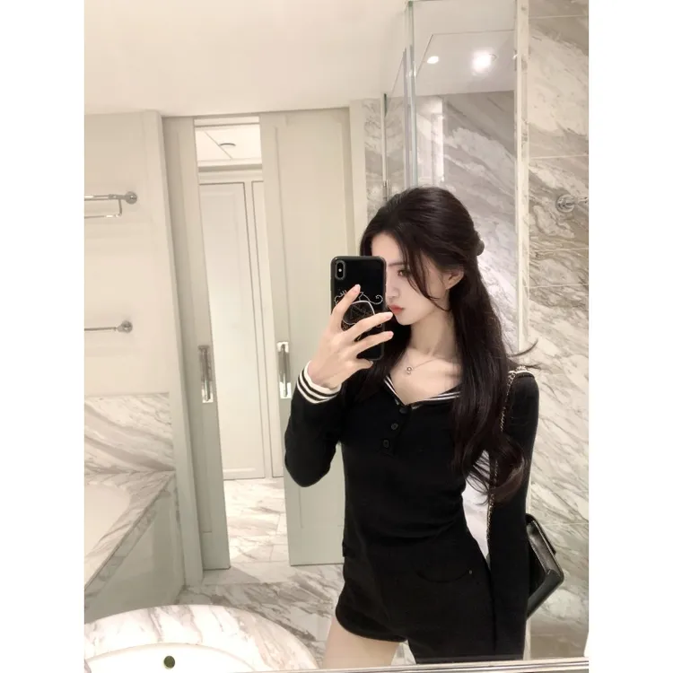 时尚学院风海军领长袖针织衫秋冬新款修身显瘦减龄打底衫包臀短裤