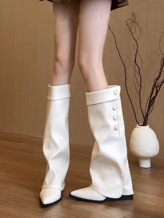 升级版~小香风尖头坡跟高筒机车靴女靴2025复古不过膝裤管骑士靴