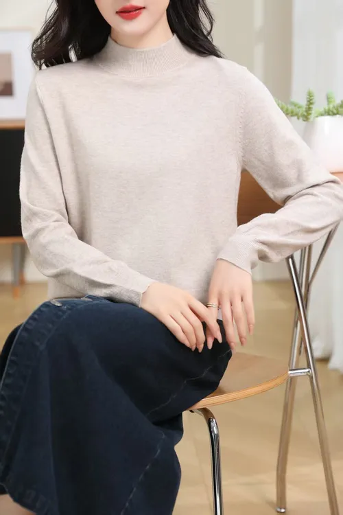 羊毛混纺修身百搭半高领女网红常规版女士圆领秋冬时尚套头纯色